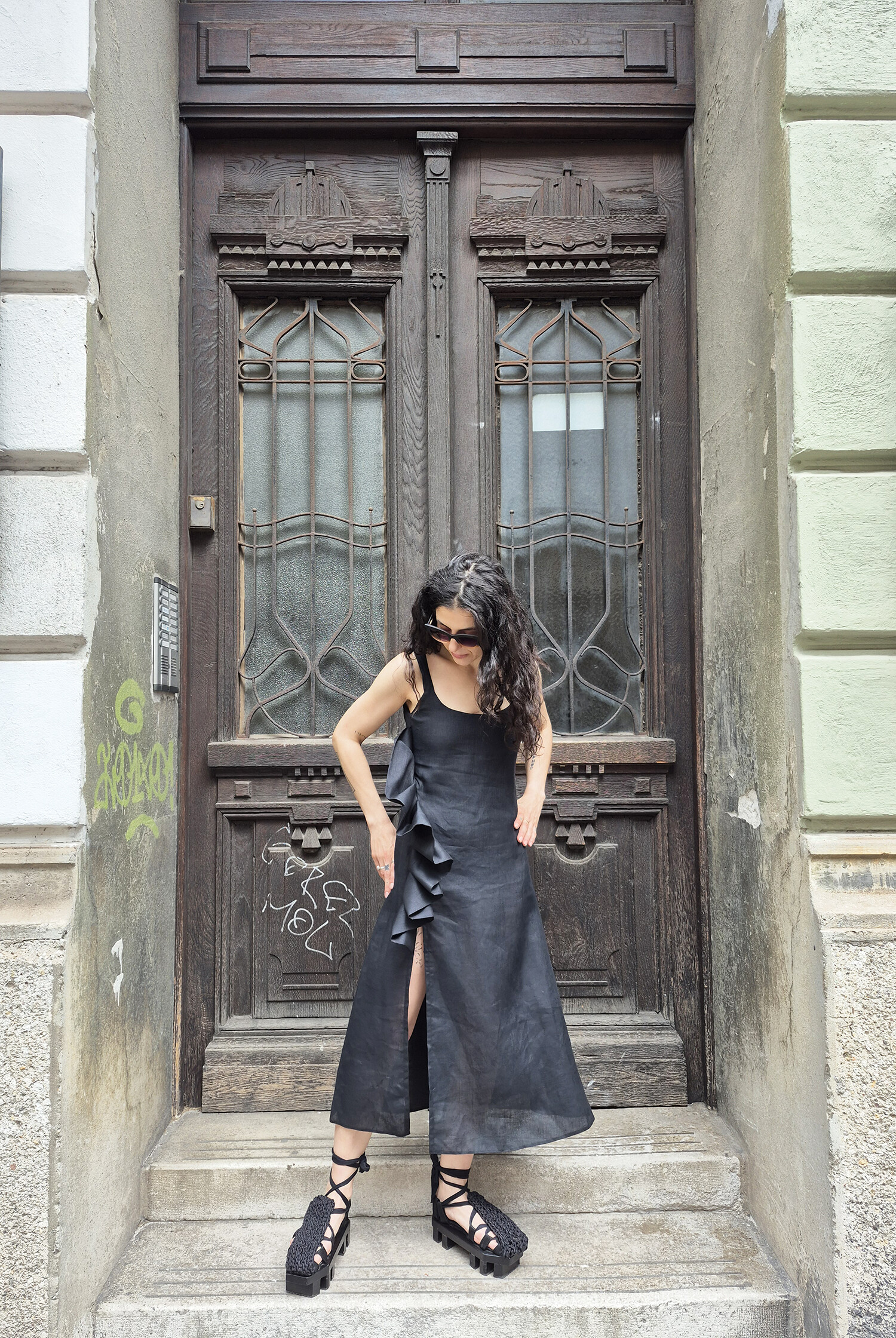 Black linen dress with ruffles details thumb 2