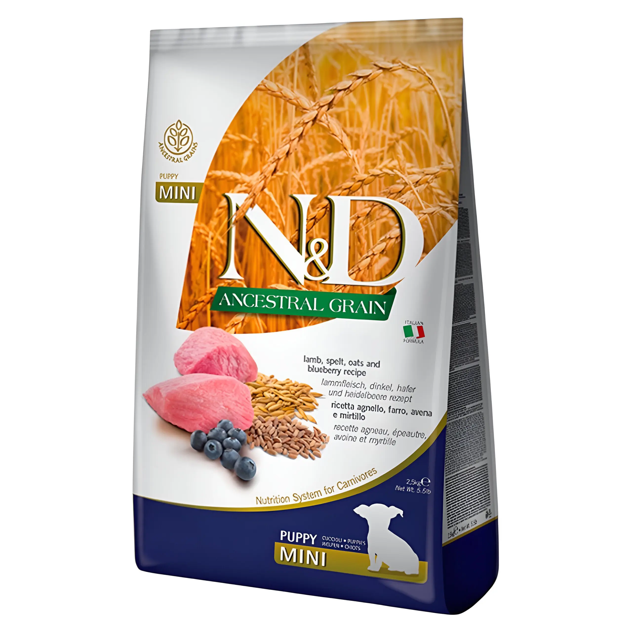 N&D Ancestral Grain Puppy Mini Гранули со Јагнешко, Спелта, Овес и Боровинки [Вреќа 7кг]