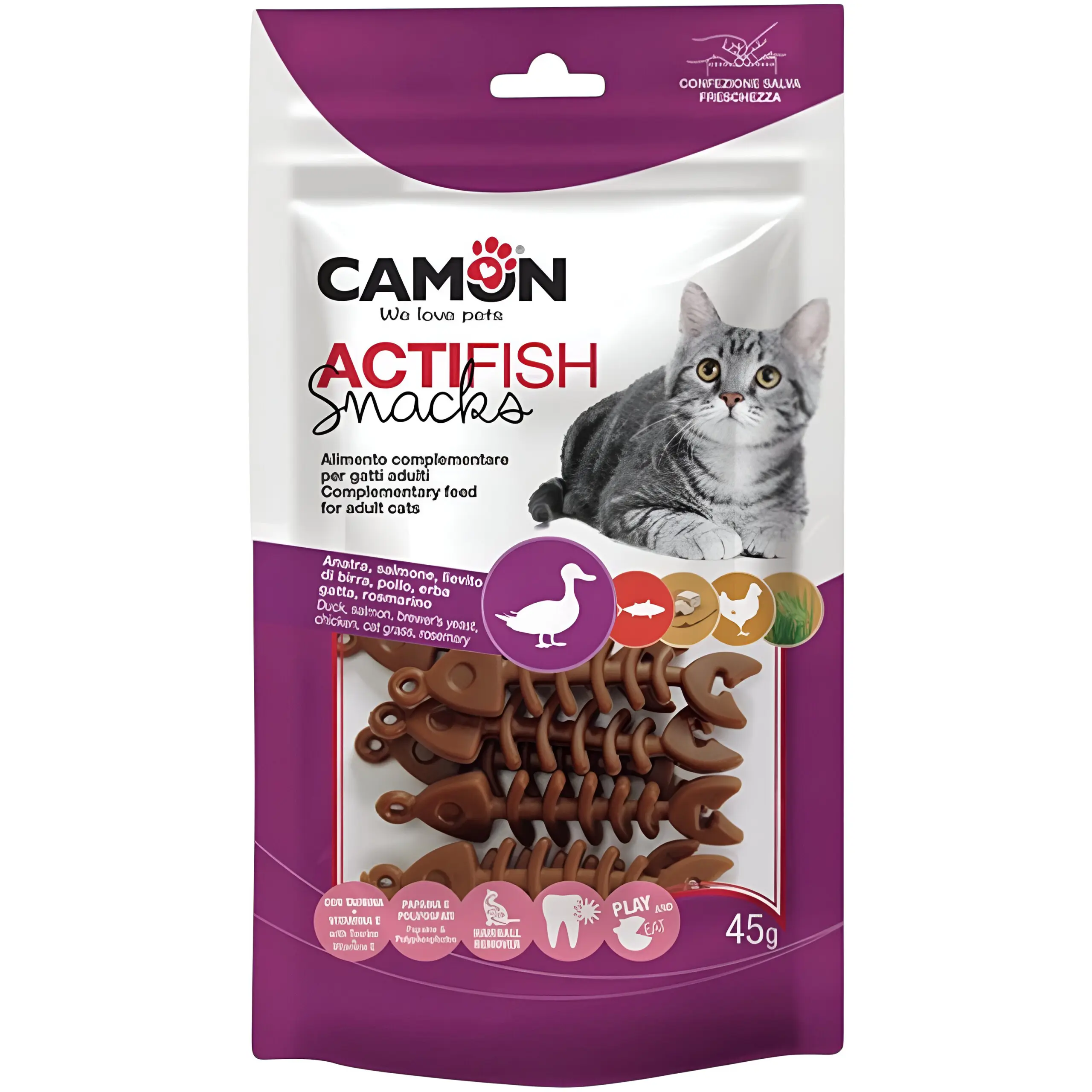 Camon ACTIFISH Закуска за маче со патка, лосос и пиле [Кесичка 45гр]