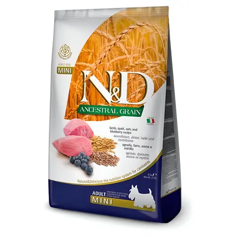 N&D Ancestral Grain Adult Mini Гранули со Јагнешко, Спелта, Овес и Боровинки [Вреќа 7кг]