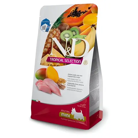 N&D Tropical Selection Adult Mini Гранули со Пилешко, Спелта, Овес и Тропско Овошје