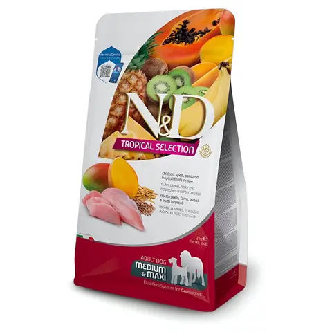 N&D Tropical Selection Adult Medium & Maxi Гранули со Пилешко, Спелта, Овес и Тропско Овошје