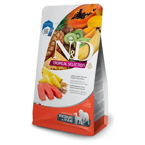 N&D Tropical Selection Adult Medium & Maxi Гранули со Лосос, Бадем, Спелта, Овес и Тропско Овошје