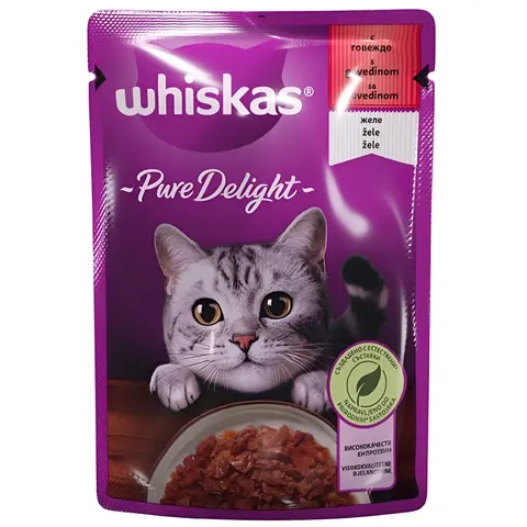 Whiskas Pure Delight Парчиња со Говедско во желе [Кесичка 85гр]