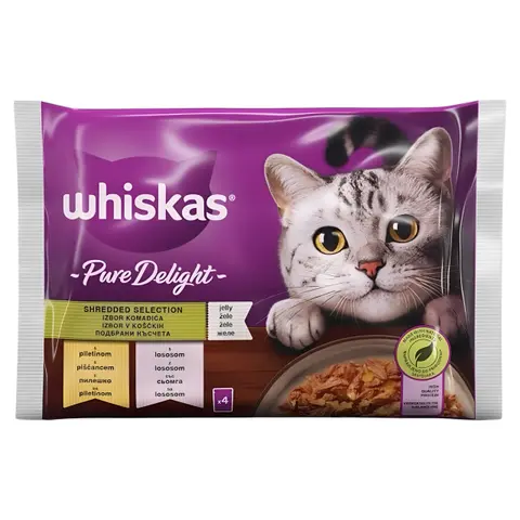 Whiskas Pure Delight Парчиња со Пилешко и Лосос во желе [Кесичка 4×85гр]