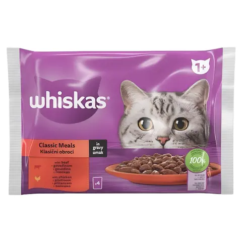 Whiskas Classic Meal Парчиња со Пилешко и Говедско во желе [Кесичка 4×85гр]