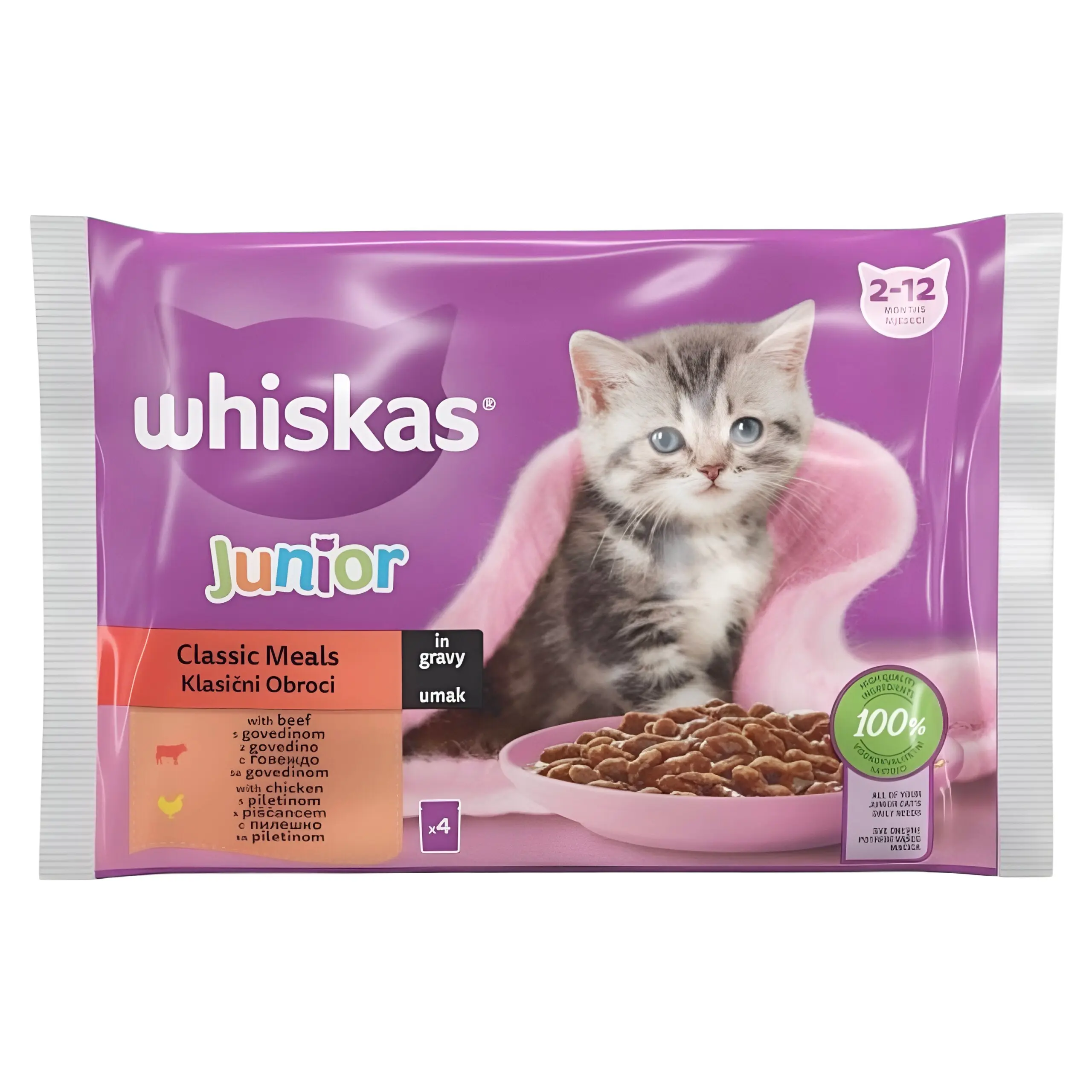 Whiskas Junior Касероли со Пилешко, Мисирка, Патка, Живина во желе [Кесичка 4×85гр]