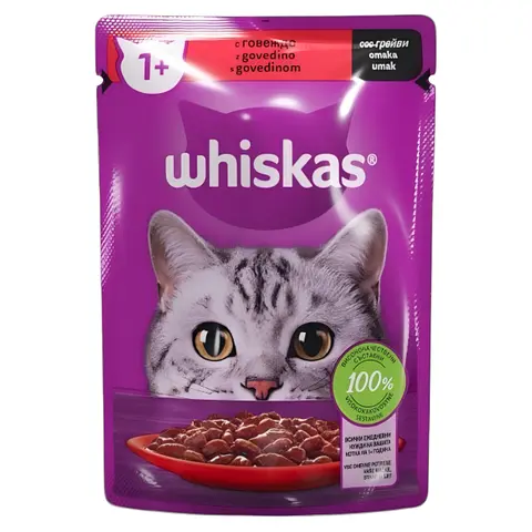 Whiskas 1+ Парчиња со Говедско во сос [Кесичка 85гр]