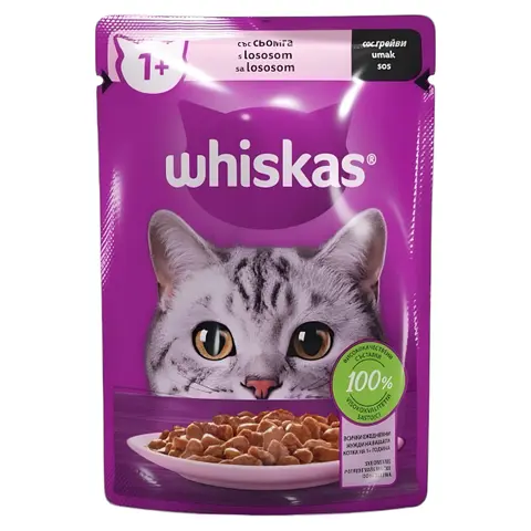 Whiskas 1+ Парчиња со Лосос во сос [Кесичка 85гр]