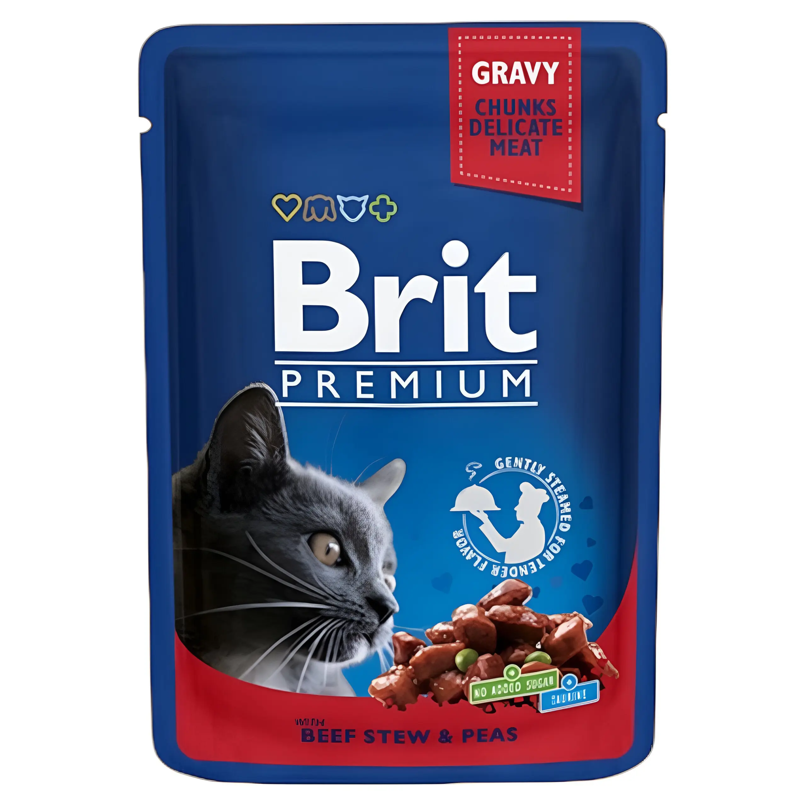Brit Premium Adult Влажна храна за Возрасни мачки со Парчиња Говедско и Грашок во сос [Кесички 12x100гр]