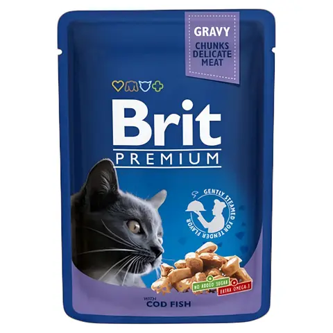 Brit Premium Adult Влажна храна за Возрасни мачки со Парчиња Бакалар во сос [Кесички 12x100гр]