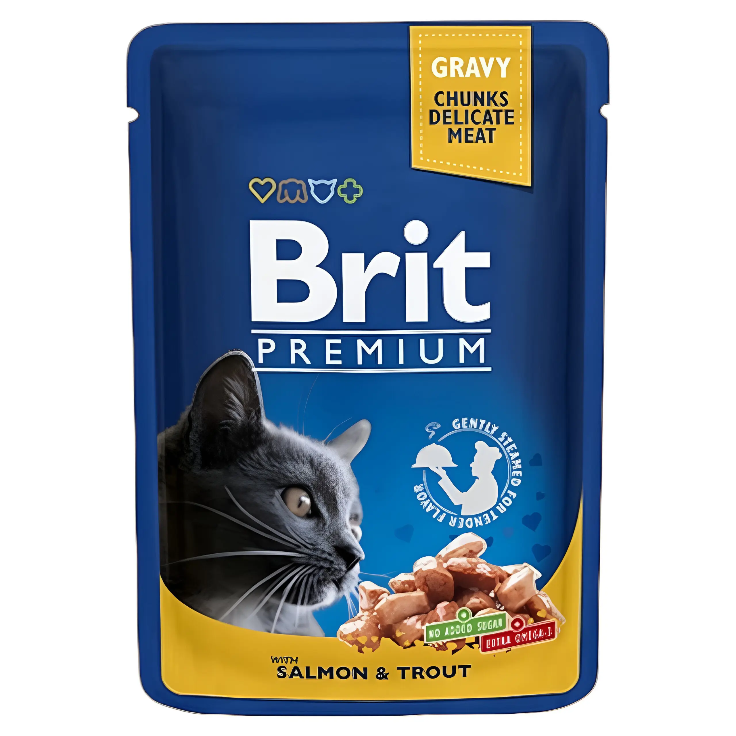 Brit Premium Adult Влажна храна за Возрасни мачки со Парчиња Лосос и Пастрмка во сос [Кесички 12x100гр]