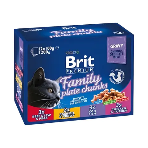 Brit Premium Family plate Влажна храна за Возрасни мачки со Парчиња месо во сос [Кесичка 12×100гр]