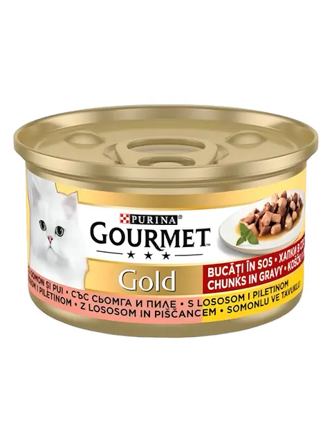 Gourmet Gold Парчиња со Лосос и Пилешко во сос [Конзерва 85гр]