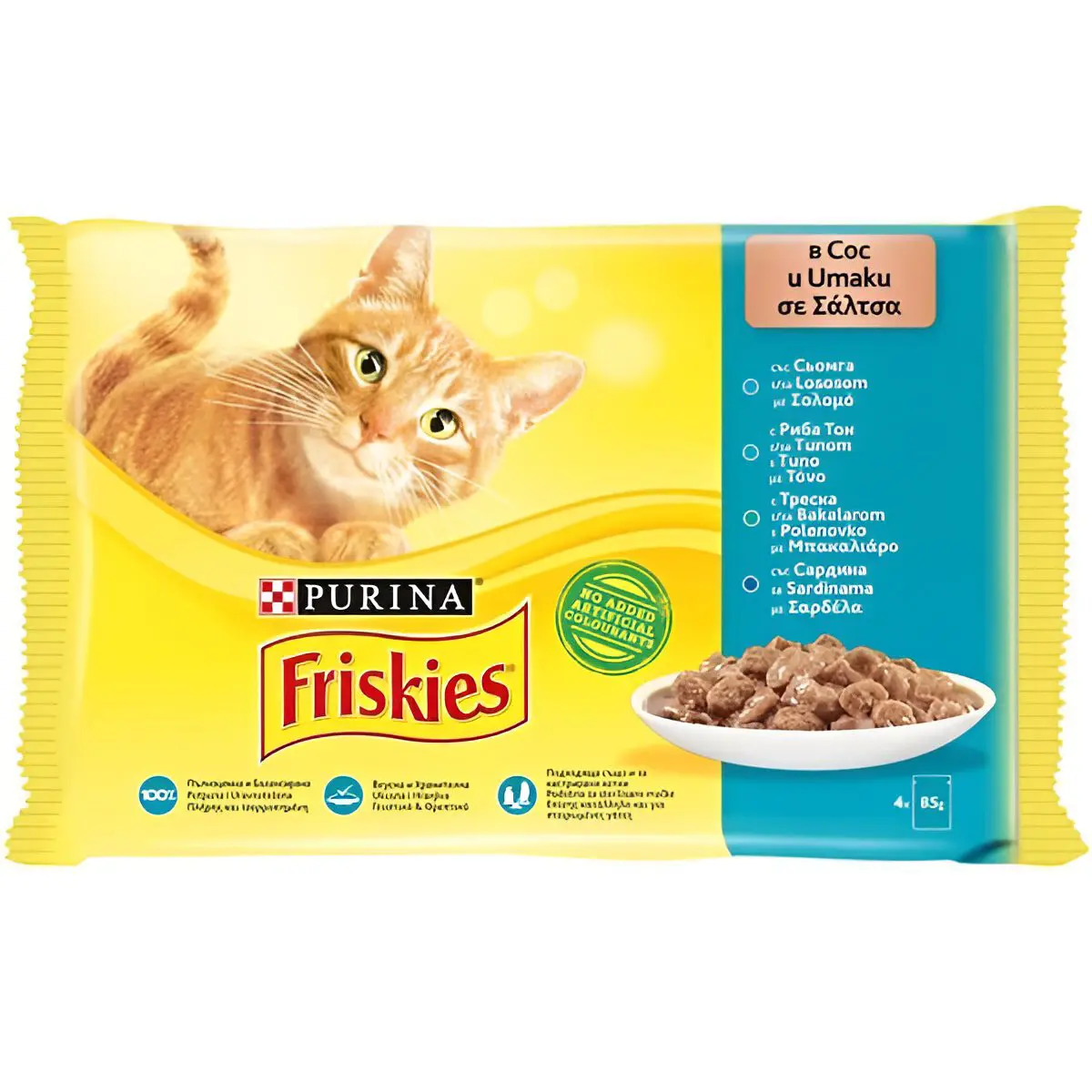 Friskies Adult Парчиња со Лосос, Туна, Бакалар, Сардина во сос [Кесичка 4×85гр]
