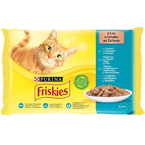 Friskies Adult Парчиња со Лосос, Туна, Бакалар, Сардина во сос [Кесичка 4×85гр]