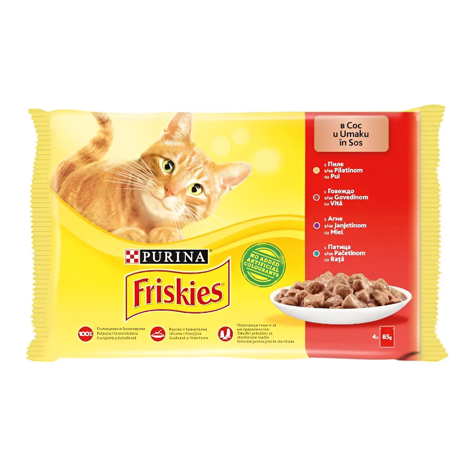 Friskies Adult Парчиња со Говедско, Пилешко, Јагнешко, Патка во сос [Кесичка 4×85гр]