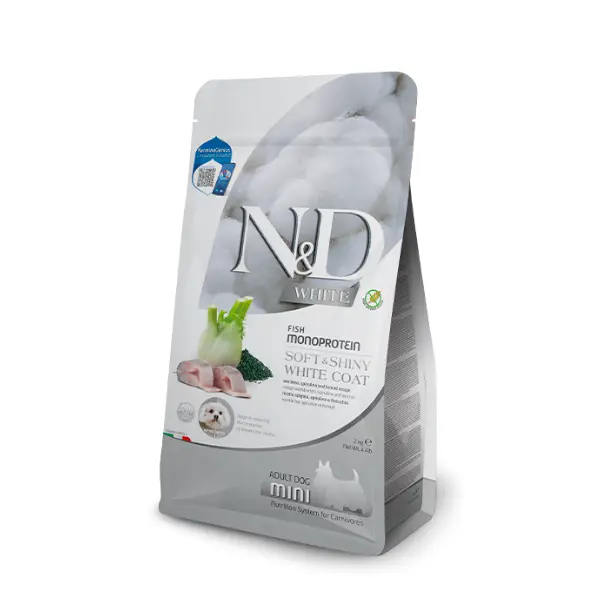 Храна за кучиња Farmina N&amp;D White Dog sea bass spirulina fennel Adult Mini (бранцин, спирулина и анасон) GRAIN FREE