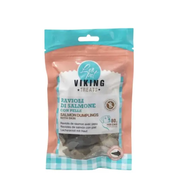 LEOPET VIKING SNACK CANE RAVIOLI DI SALMONE CON PELLE DA 80 GR