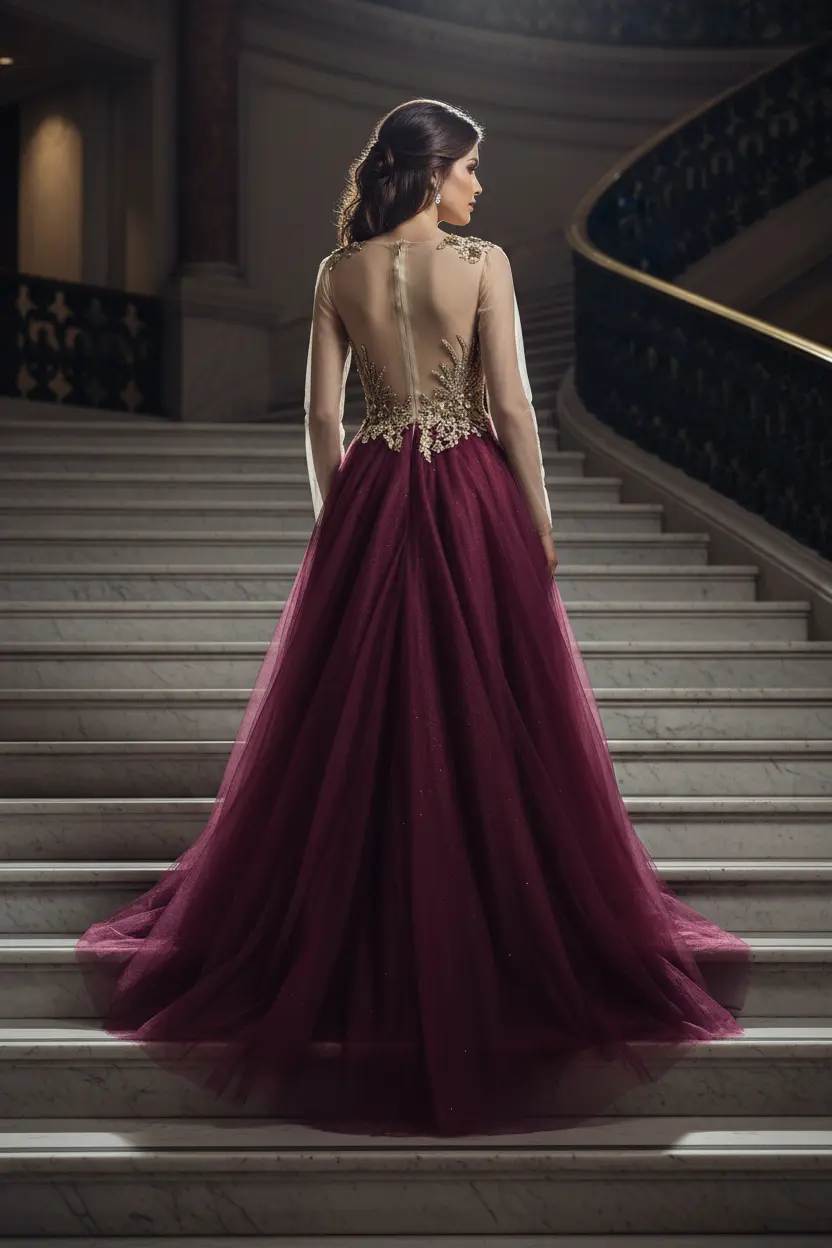Burgundy Royal Tulle Gown thumb 2