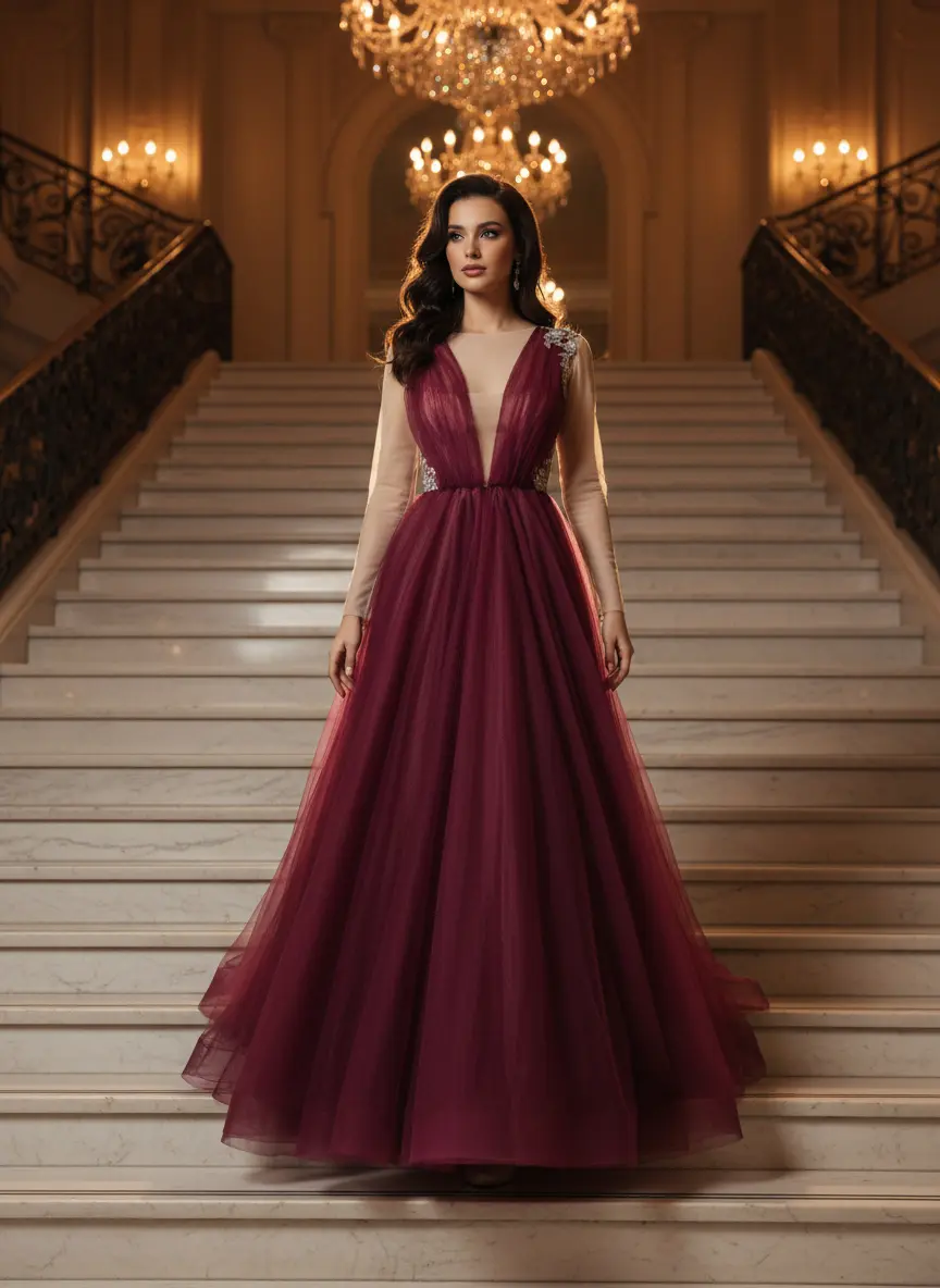 Burgundy Royal Tulle Gown